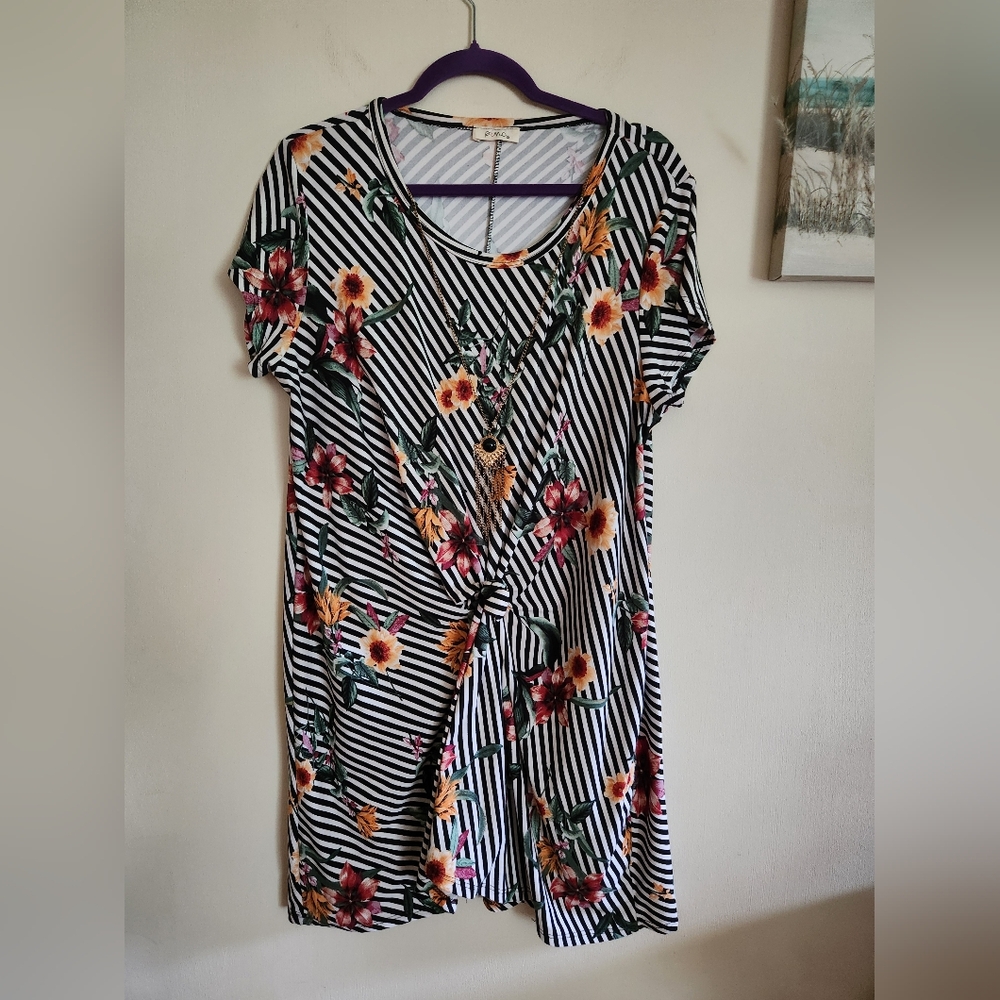 Floral Plus Size Knee Length Dress Tunic Stripes 3X